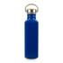 A drink bottle made of recycled aluminium in a bright blue colour, featuring a stainless steel lid and a wooden handle.