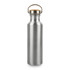 A drink bottle made of recycled aluminium, featuring a silver finish and a wooden cap. It includes a branding logo.