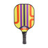 A vibrant pickleball paddle featuring a yellow, purple, and orange design, with a textured black handle and a logo.