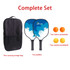 A wooden pickleball set featuring two paddles in blue and black, accompanied by a carrying bag and four pickleballs.
