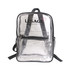 A transparent backpack with black accents and a front zip pocket, featuring adjustable straps and a branding logo.