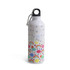 A drink bottle featuring a white body with colourful rainbow and cloud designs, complemented by a black cap and carabiner.