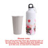 A drink bottle in white featuring a colourful floral design, alongside a plain grey cup. Both have a logo.