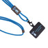 An adjustable blue phone lanyard with a metal buckle and a logo, featuring a detachable tag holder.