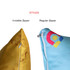 Two square cushions displayed side by side, one in gold with an invisible zipper and another in blue with a regular zipper.