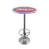 A round blue and red bar table with a chrome base and circular footrest, featuring a logo on the top.