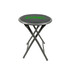 A folding stool with a round black seat and grey metal frame, featuring a branded logo on the seat.