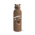 A drink bottle featuring a whimsical brown design with an animal head top and a cartoonish face. Includes branding.