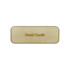A rectangular wooden badge in light tan with a name engraved on the surface, featuring a subtle, polished finish.