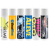 A collection of six lip balm tubes in various colours, each featuring different branding and designs.