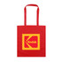 A red tote bag featuring a large yellow square with a logo, including a prominent 'K' design.