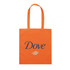 An orange tote bag featuring a logo and the word "Dove" in blue lettering. It has two handles for carrying.