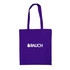A purple tote bag with two handles and a logo on the front.