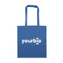 A blue tote bag with two handles and a logo printed on the front.