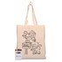 A colourful calico tote bag featuring a monkey design, with a box of crayons beside it. Includes a logo.