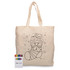 A beige calico bag featuring a colouring design of a Christmas stocking, accompanied by a crayon set in various colours.