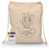 A beige drawstring bag featuring a watering can and flowers design, alongside a crayon set in various colours.