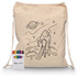 A cream drawstring bag featuring a rocket ship design, accompanied by a crayon set in various colours.