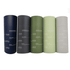 A drink bottle collection featuring navy, dark grey, olive green, light green, and grey colours, each with a logo.