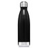 A drink bottle in black with a stainless steel top, featuring a sleek design and a logo.