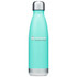 A drink bottle in mint green with a stainless steel base, featuring a logo on the side.