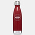 A drink bottle in a deep red colour with a silver lid and a circular logo area.