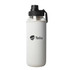 A drink bottle with a clear body and black lid, encased in a white sleeve featuring a logo.
