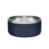 A navy blue pet bowl with a shiny stainless steel interior and a smooth exterior. It features a branding logo.