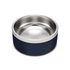 A pet bowl with a stainless steel interior and a navy blue exterior. It features a logo on the side.
