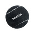 A black tennis ball with white stripes and a logo. The ball has a fuzzy texture typical of tennis balls.