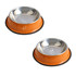 Two pet feeding bowls in orange with stainless steel interiors, featuring a rubber base for stability and one with a logo.