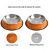 A pet feeding bowl with an orange base and stainless steel interior, featuring a logo on the bottom and customizable options.