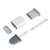 A silicone toilet brush set in white and grey, featuring multiple components including a handle and storage holder.