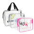 Clear toiletry bags in various sizes, featuring black handles and pink and grey trims, with logos on some bags.