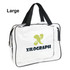 A clear toiletry bag with black trims and handles, featuring a logo on the front.