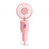 A pink neck spray fan with a circular fan head and a transparent water bottle base, featuring a logo.
