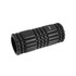 A black foam massage roller with a textured surface and branding, featuring a cylindrical shape.
