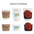Custom disposable double wall paper cups in white, featuring various optional cup sleeves with floral and graphic designs.