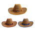 Three straw hats in yellow, red, and blue, featuring a woven pattern and a logo band.