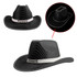 A black sequin cowboy hat featuring a white band and a logo, showing a light-up design in the inset.