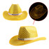 A yellow sequin cowboy hat with a white band and a logo, featuring a lit-up design.