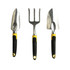 A garden hand tool set featuring three stainless steel tools with black and yellow handles.