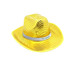 A yellow sequin cowboy hat with a silver band and a logo.