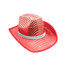 A red sequinned cowboy hat featuring a white band and a logo.