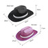 Two sequin cowboy hats in black and pink, with dimensions for adult and kid sizes. Each hat has a white band and a logo.