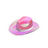 An iridescent pink cowboy hat with a white band and a logo on the front.
