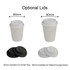 A set of white double wall paper cups with optional black and white lids, featuring varying sizes for drinks.