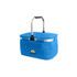 A blue cooler basket with an aluminium handle and a zippered pocket on the front, featuring a logo.