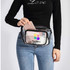 A clear fanny pack with a transparent front, featuring a phone, charging cable, and a logo. It has a black trim.