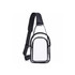 A clear PVC crossbody backpack with black accents and a single adjustable strap. Features a main compartment and smaller front pocket.